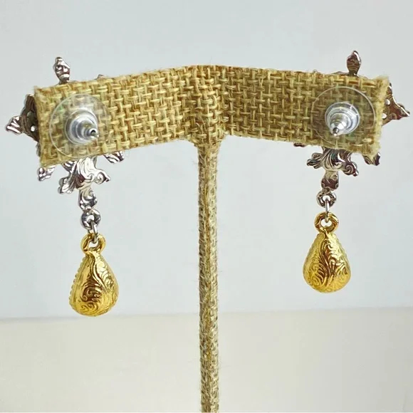 Vintage 1928 Blue Floral Drop Earrings Pink Accent Teardrop Crystal 2" - Picture 5 of 9